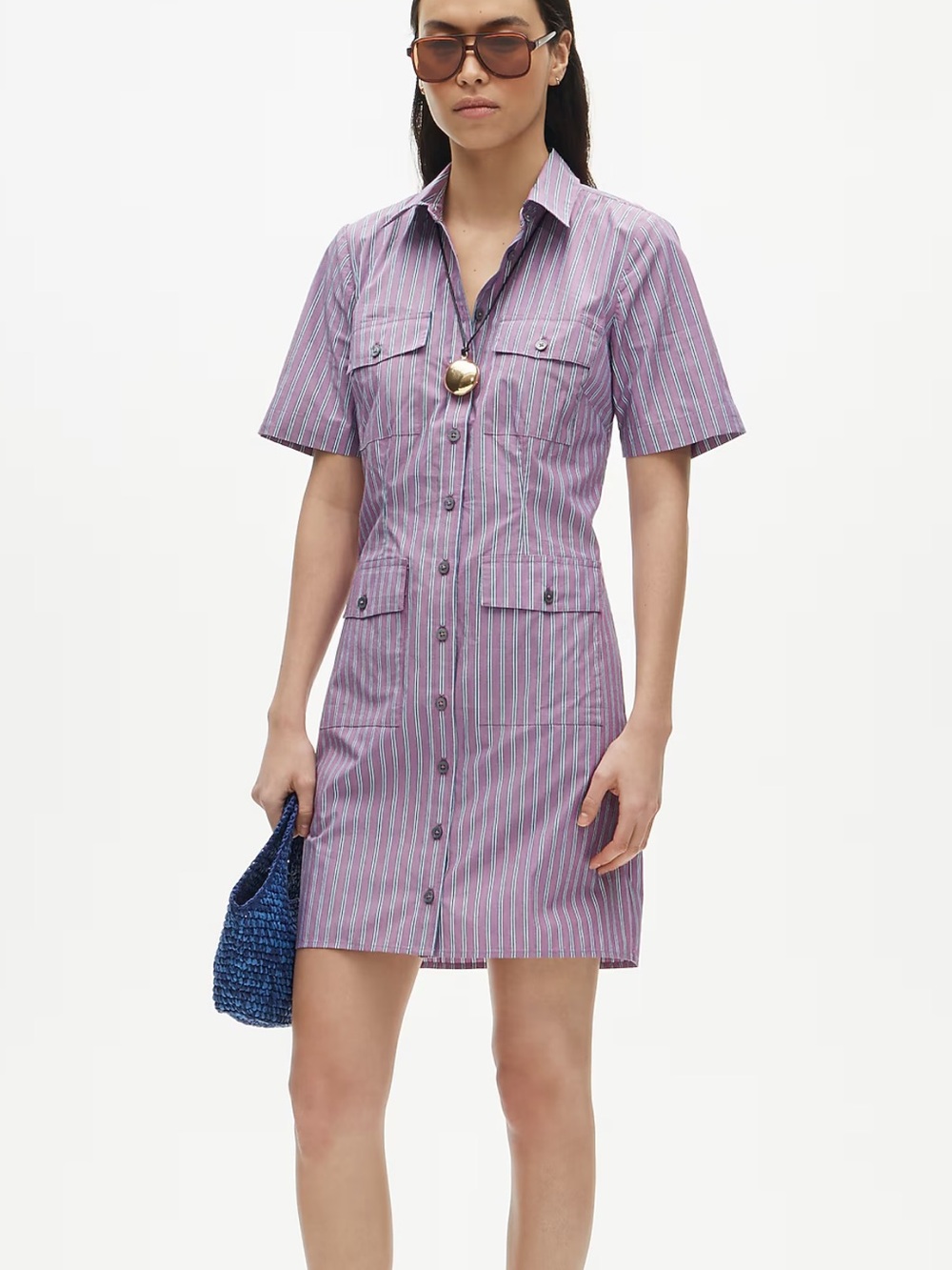 J. Crew Striped Cotton Poplin Utility Shirt Dress in Faded Fuchsia